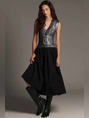 ANTHROPOLOGIE Pilcro V-Neck Foil Twofer Midi Dress XXS Black/Silver Foil $188